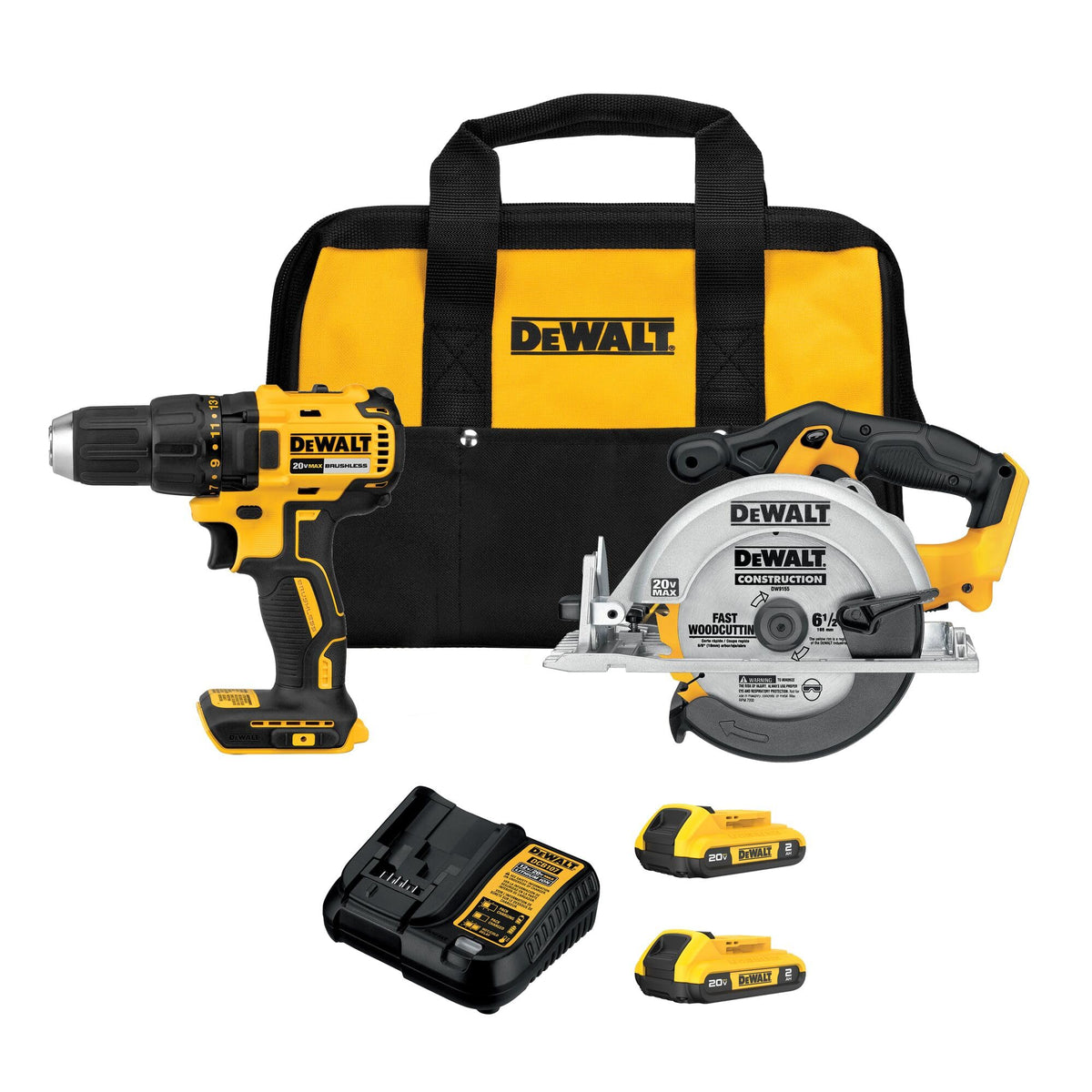 20V MAX Cordless Drill Driver and Circular Saw Combo Kit with 2 Ah Batteries and Charger D309
