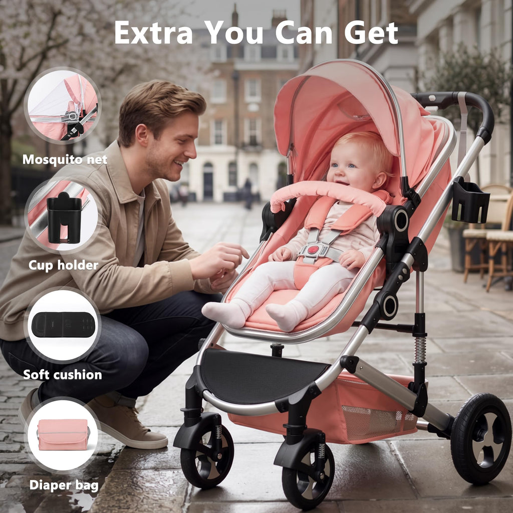 2 in 1 Convertible Baby Stroller, Diaper Bag, Pink Z6039