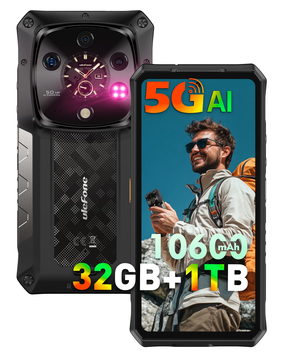 5G AI Rugged Phone, 32GB+1TB/2TB Expansion, 6.67" Dual Screen, 64MP+50MP+50MP Camera, 120W, IP68/IP69K, Android 15 Z57315