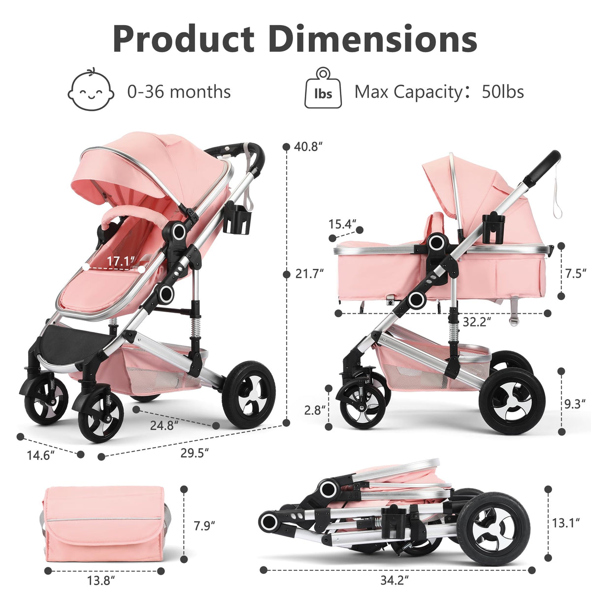 2 in 1 Convertible Baby Stroller, Diaper Bag, Pink Z6039