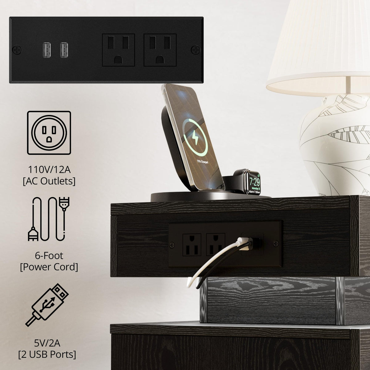Black 3 Drawer Nightstand with Charging Station Y46051