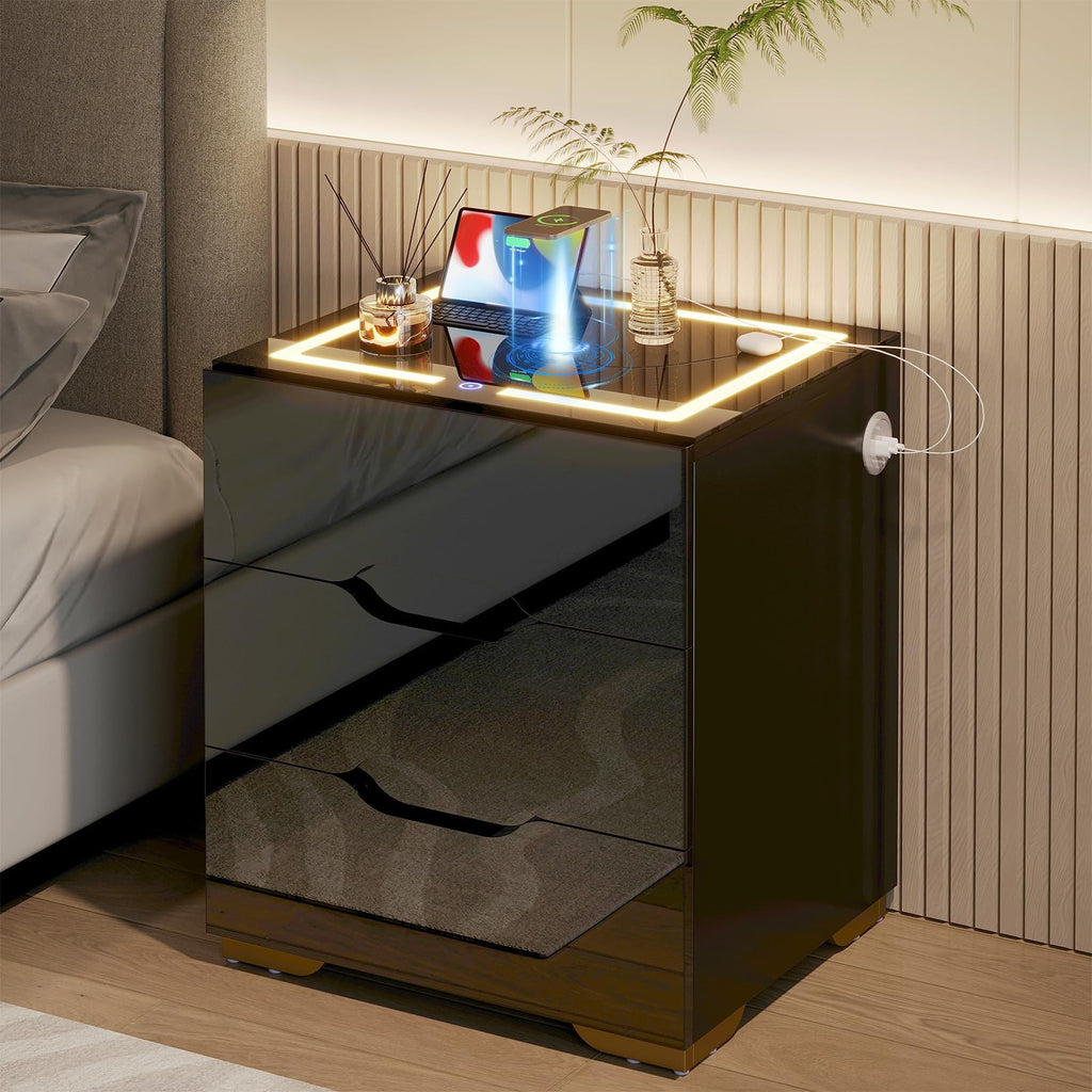LED Nightstand with Wireless Charging Station 3 Drawers P226889