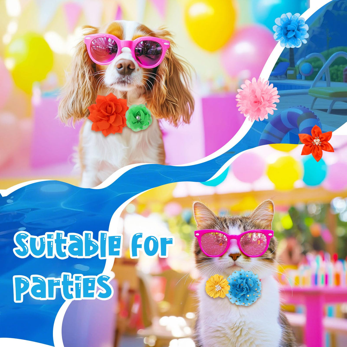 100 Pcs Multicolor Dog Collar Bows Set with Elastic Rubber Band Q762