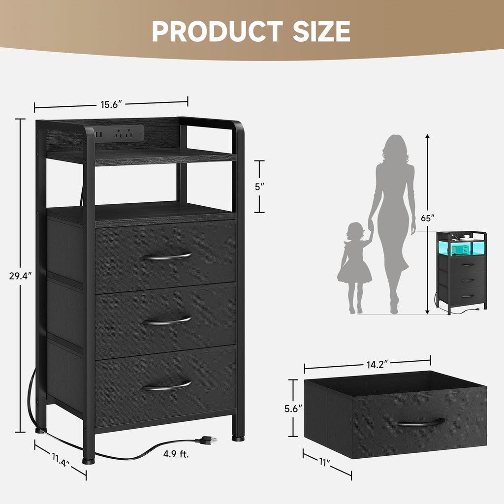 Black 3 Drawer Nightstand with Charging Station N34285