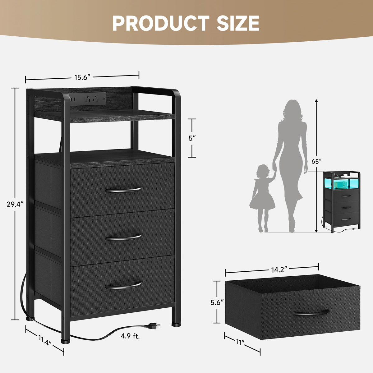 Black 3 Drawer Nightstand with Charging Station N34285