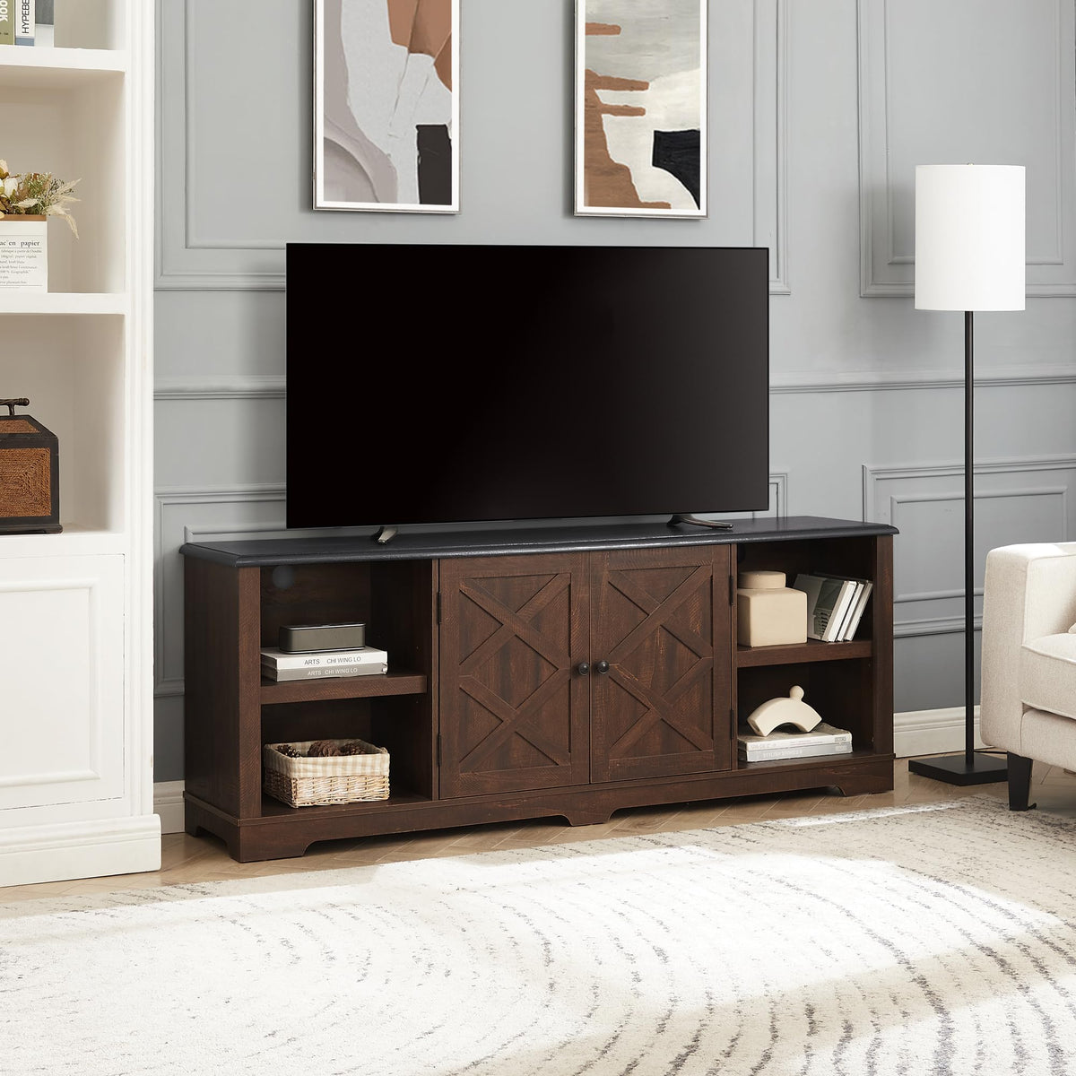 Espresso and Black TV Media Stand with Open Shelves and Closed Cabinets Y51999