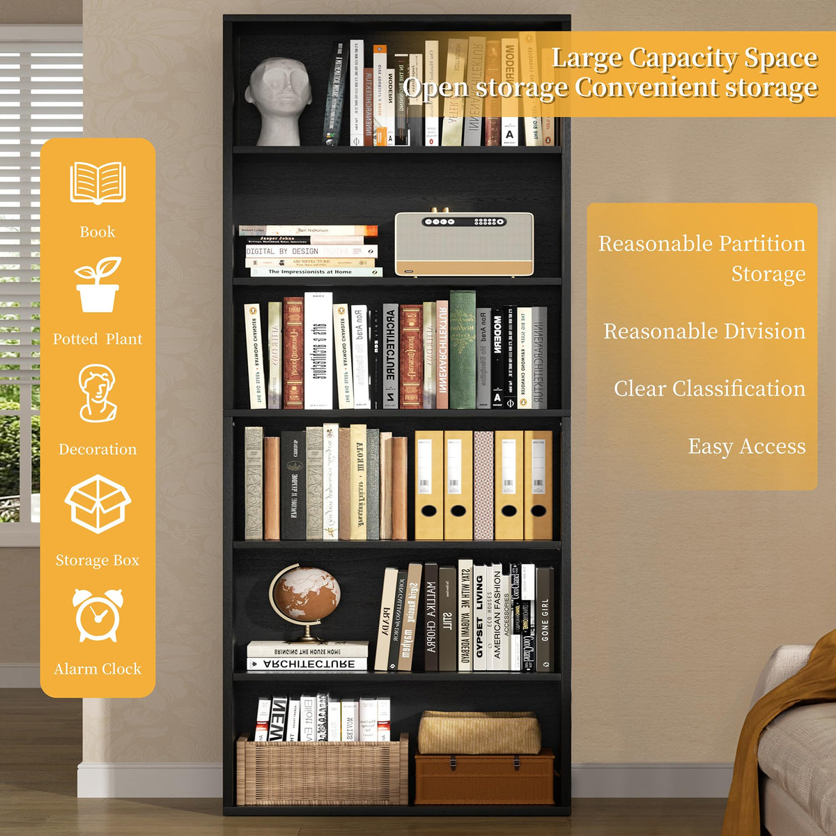 Black 6 Tier 71 Inch Bookshelf X7678