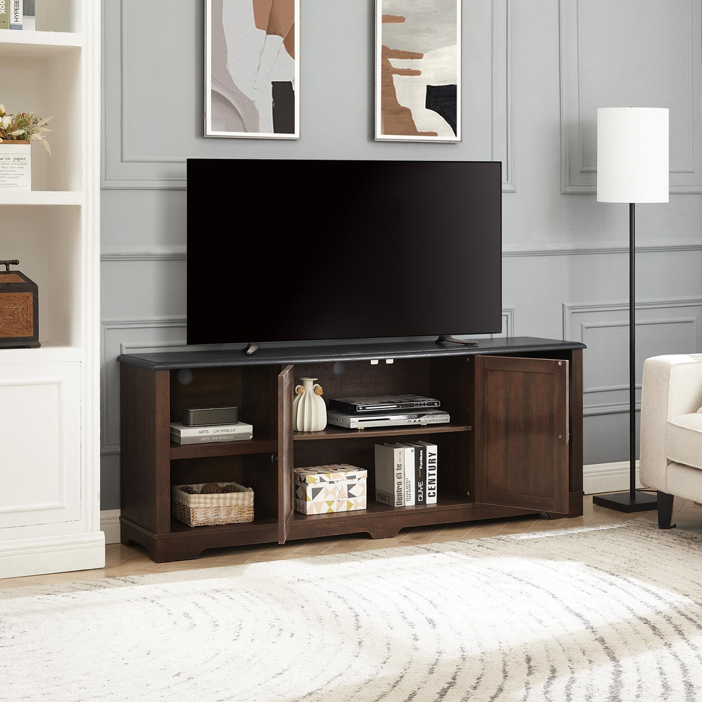 Espresso and Black TV Media Stand with Open Shelves and Closed Cabinets Y51999