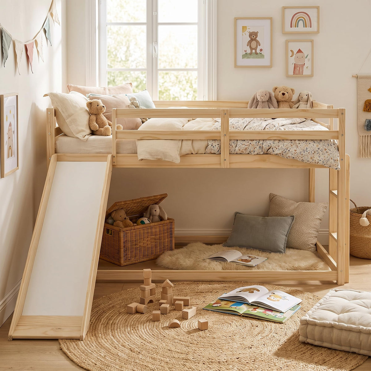 Twin Over Twin Solid Wood Bunk Bed with Slide and Ladder T96912