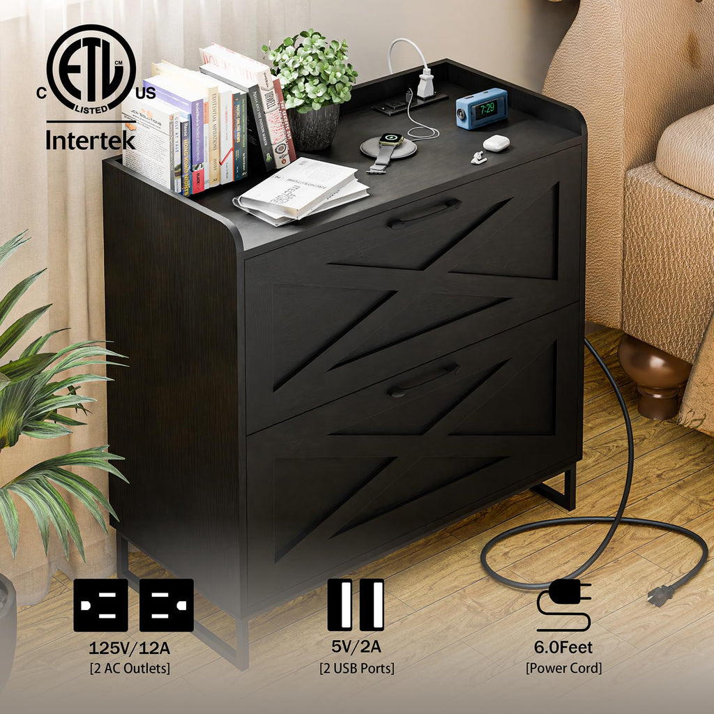 2 Drawer Black File Cabinet with Charging Station S18127