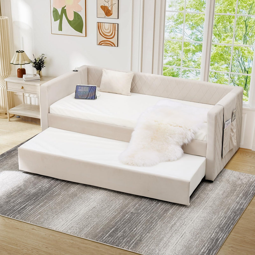 Twin Size Velvet Upholstered Daybed with Trundle E95996