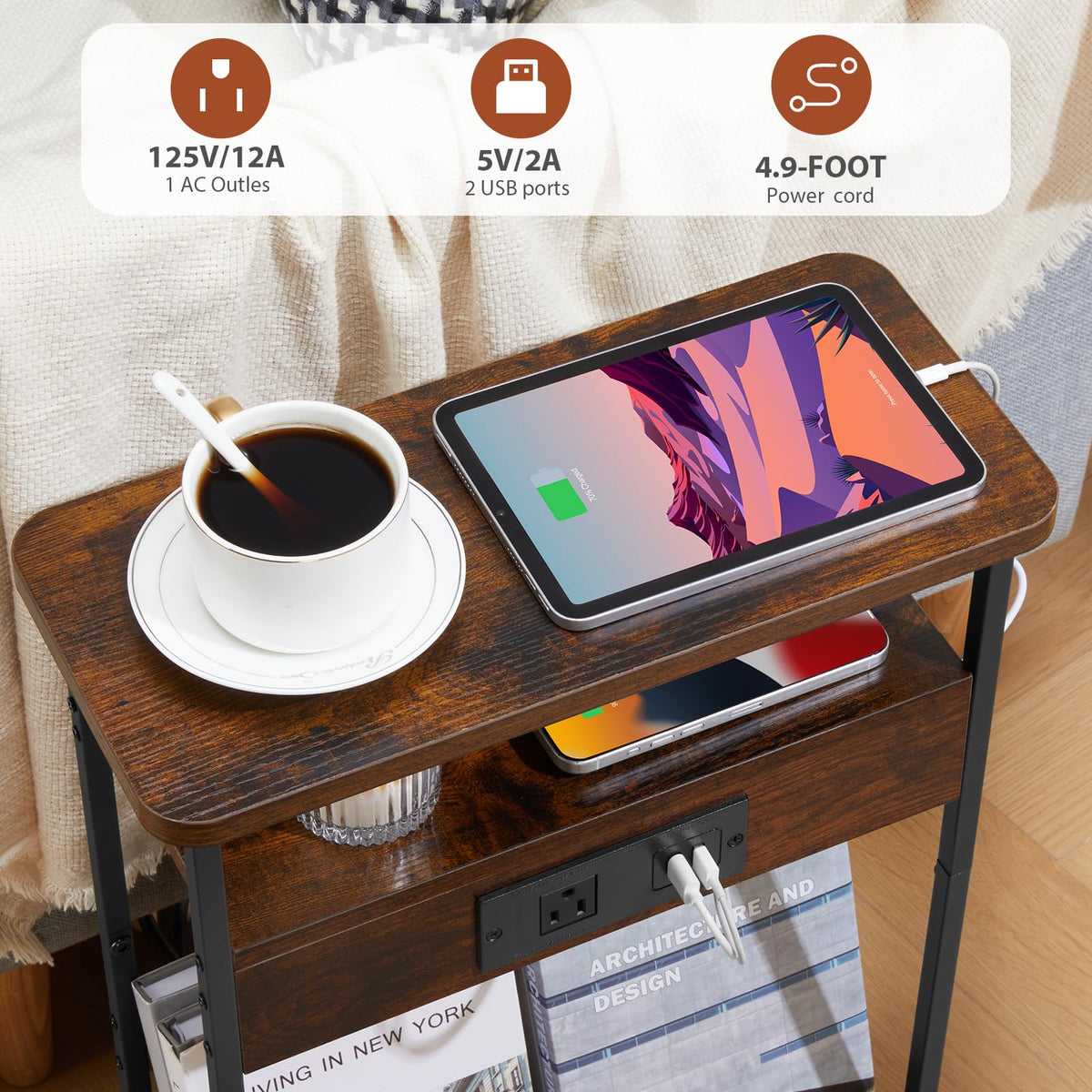 Narrow Side Table with Charging Station S1970