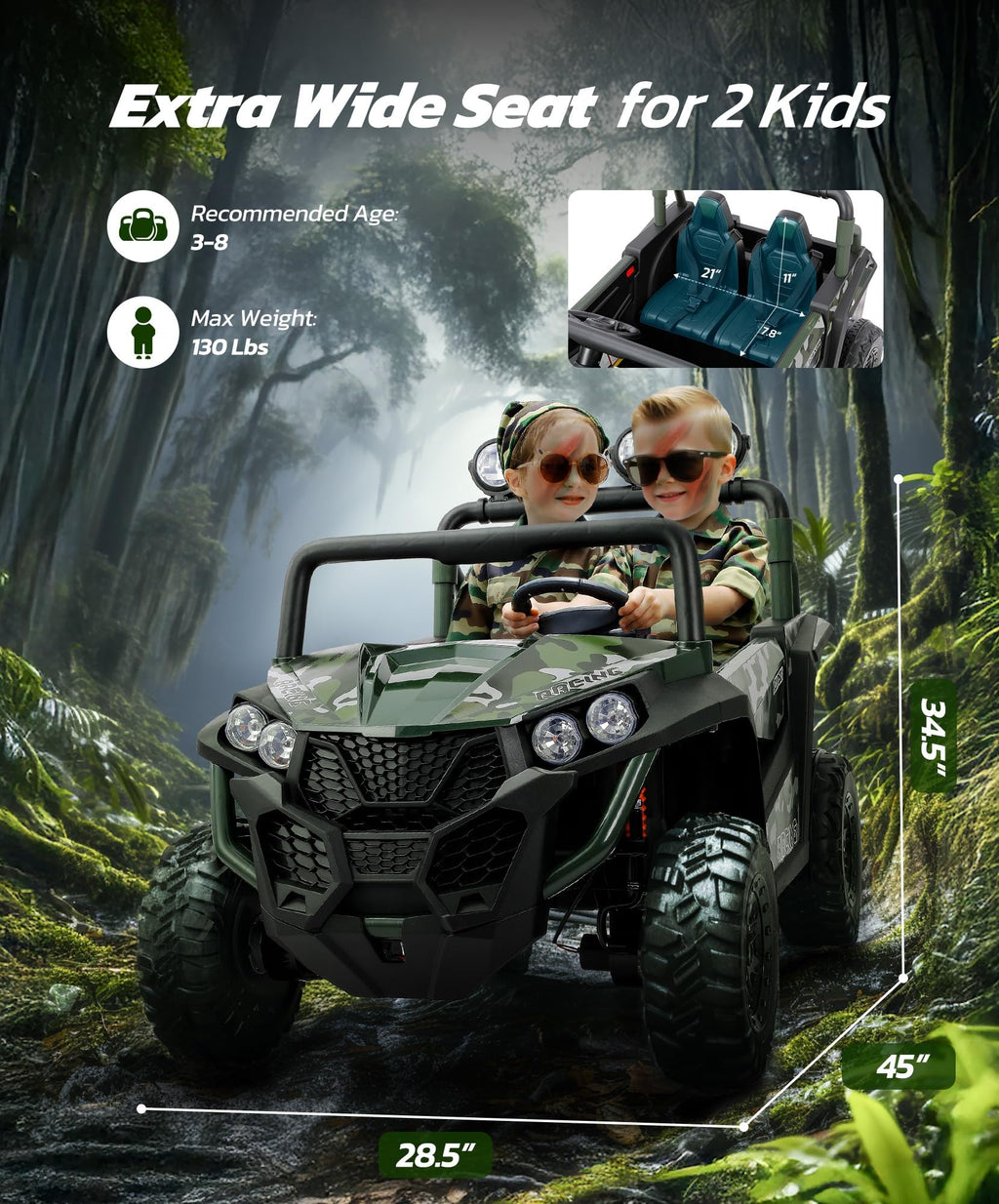 2 Seater 24V Battery Powered Ride on Car with Remote Control, Camouflage Green T91811