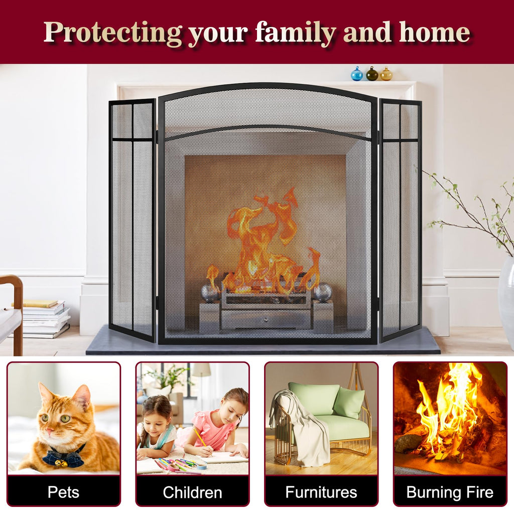 Black 3 Panel Steel Mesh Fireplace Screen T184