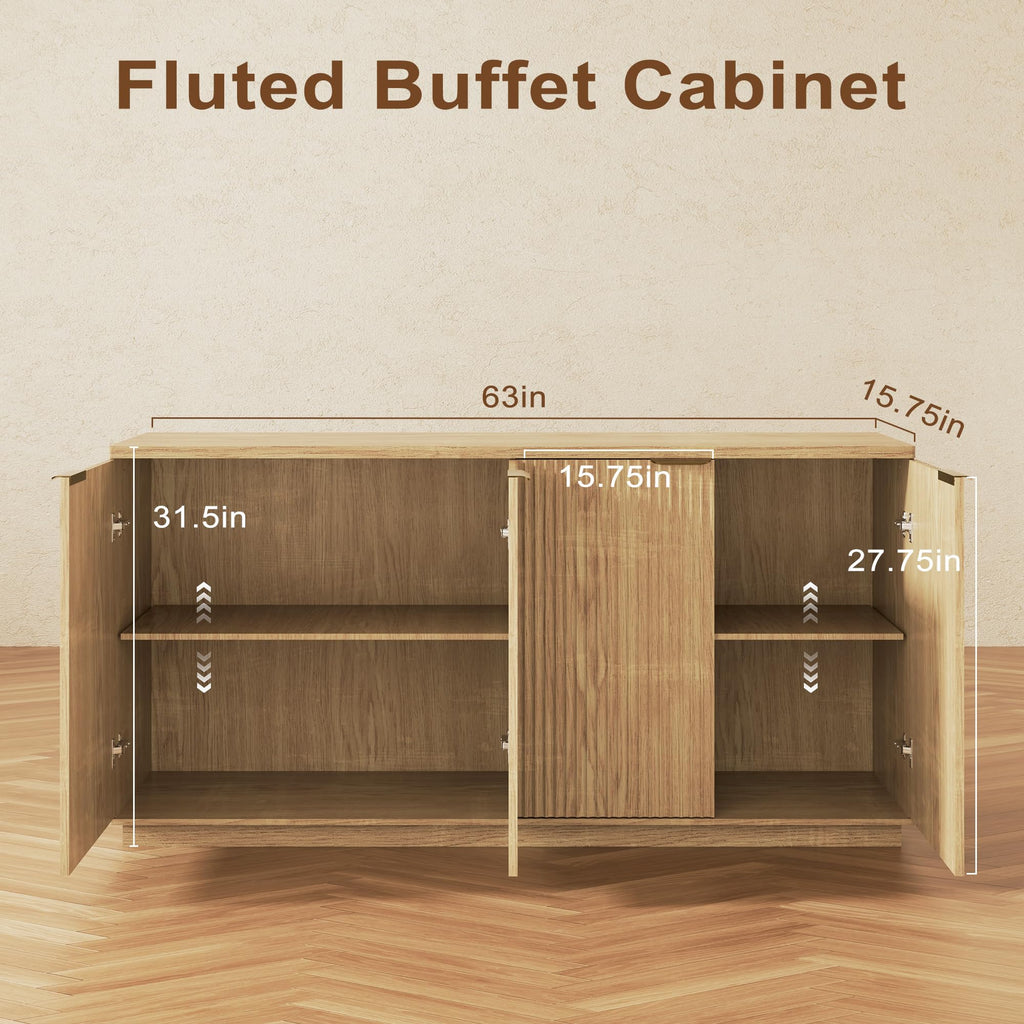 Natural Oak Fluted Wooden Sideboard Cabinet with 4 Doors V649