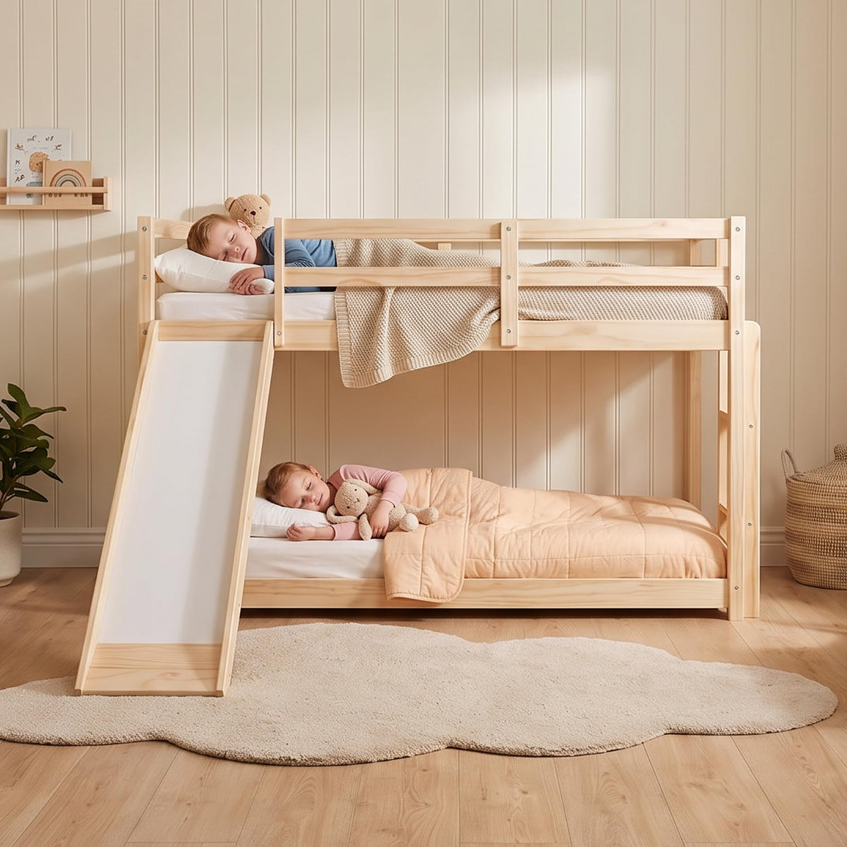 Twin Over Twin Solid Wood Bunk Bed with Slide and Ladder T96912