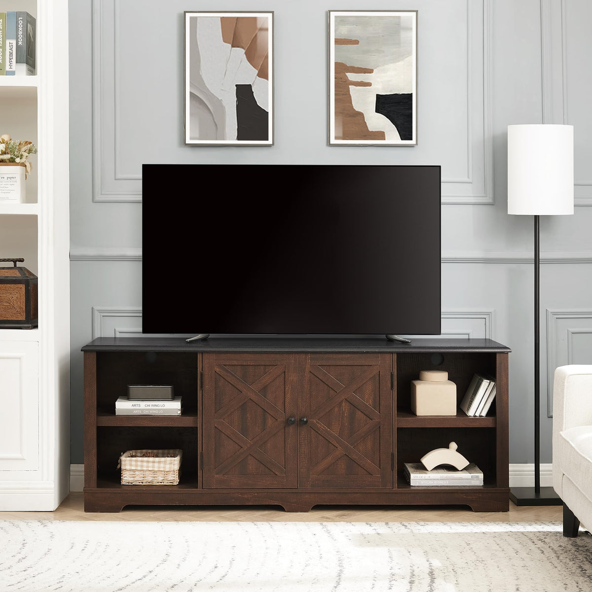 Espresso and Black TV Media Stand with Open Shelves and Closed Cabinets Y51999