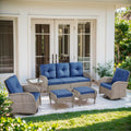 6 Piece Grey Wicker Patio Furniture Set with Blue Cushion F8045