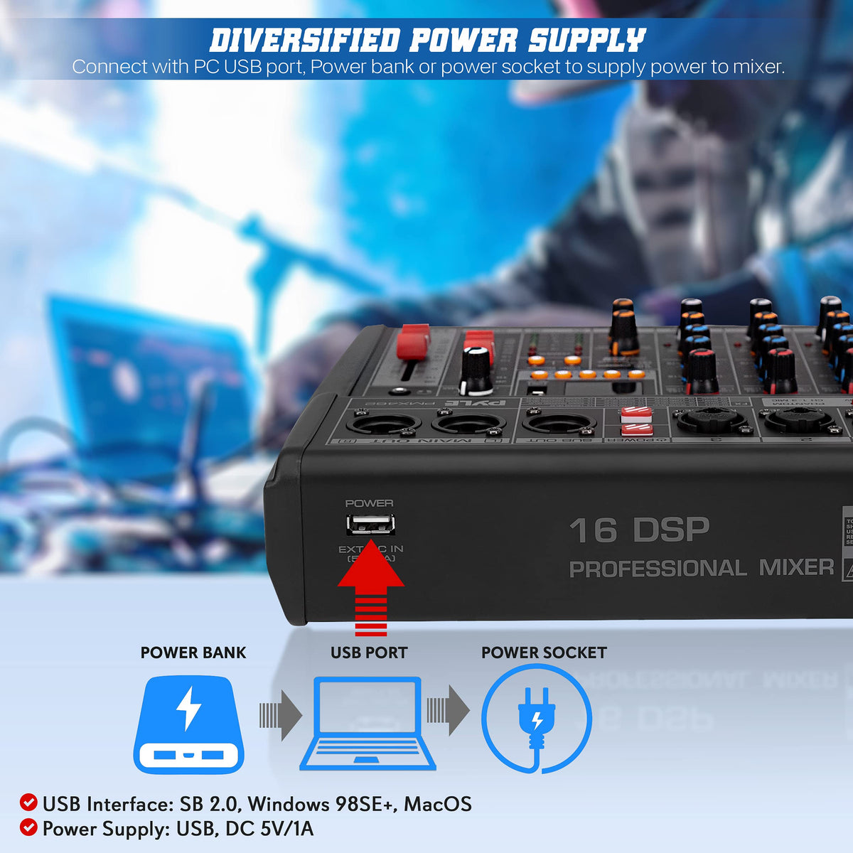 3-Channel DJ Audio Mixer with 16 Preset DSP Effects J8540