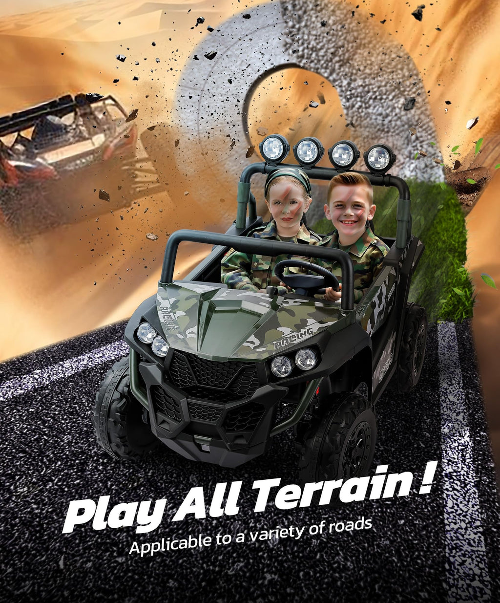 2 Seater 24V Battery Powered Ride on Car with Remote Control, Camouflage Green T91811