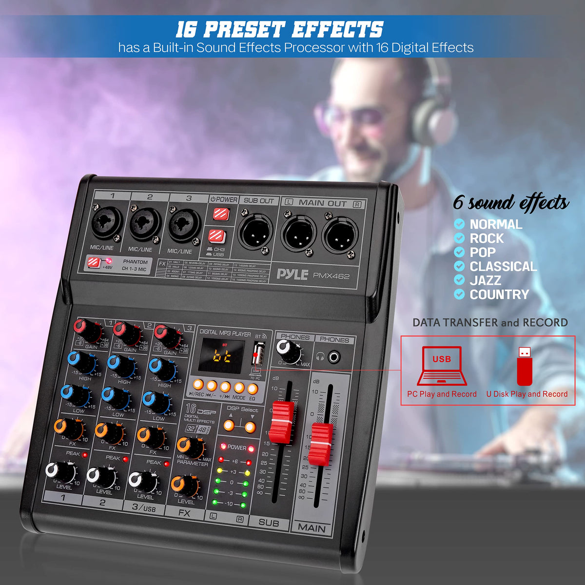3-Channel DJ Audio Mixer with 16 Preset DSP Effects J8540