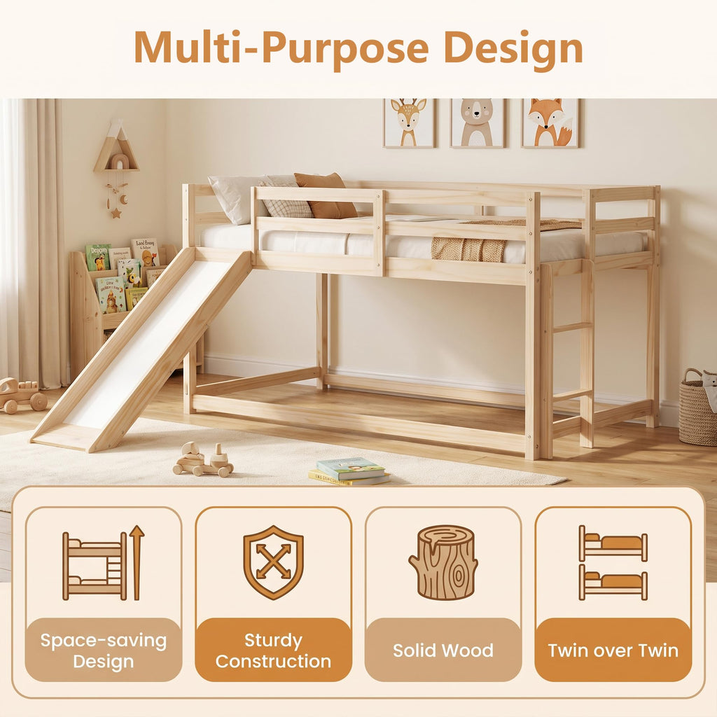 Twin Over Twin Solid Wood Bunk Bed with Slide and Ladder T96912