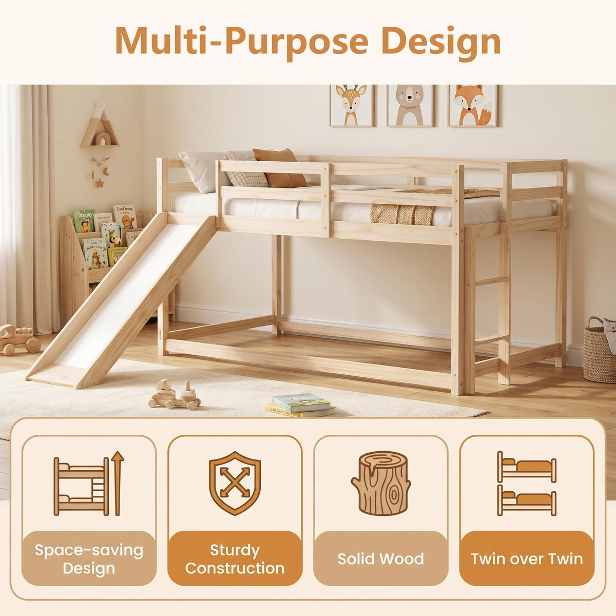 Twin Over Twin Solid Wood Bunk Bed with Slide and Ladder T96912