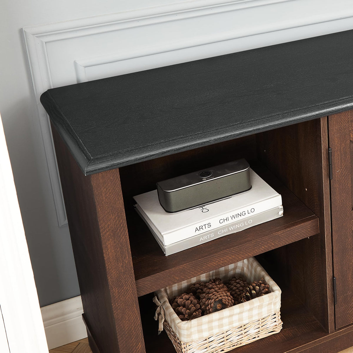 Espresso and Black TV Media Stand with Open Shelves and Closed Cabinets Y51999