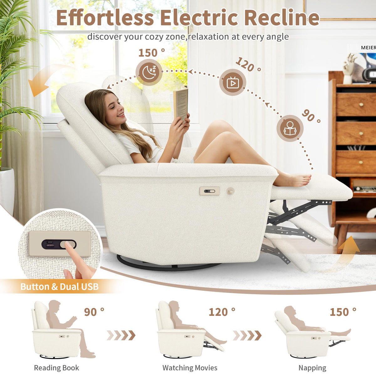 Power Swivel Rocker Recliner Chair with Phone Holder and USB Ports O884