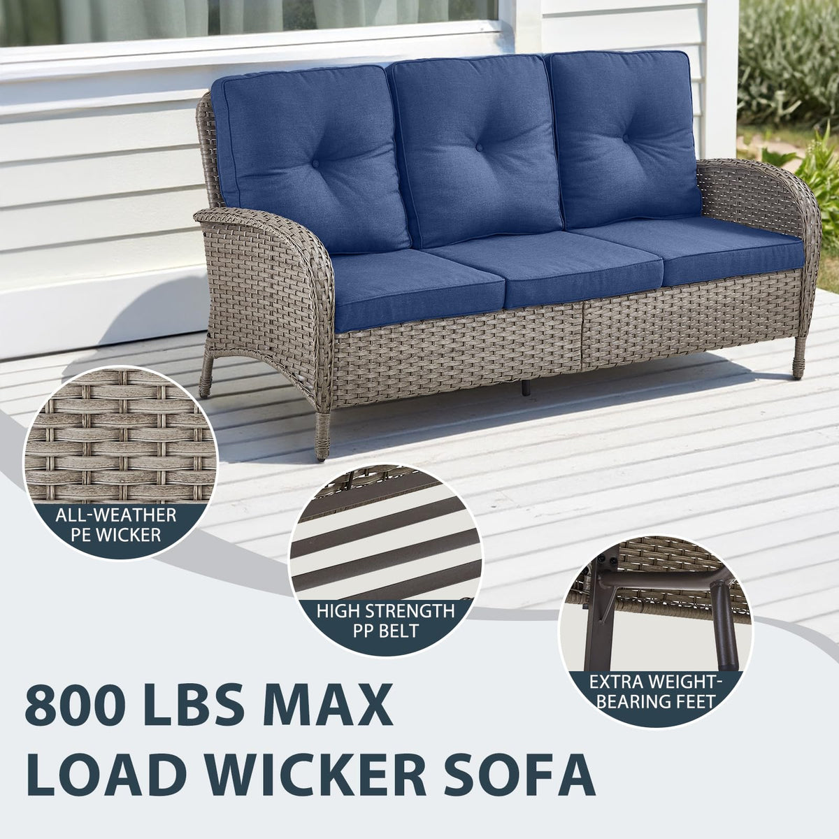 6 Piece Grey Wicker Patio Furniture Set with Blue Cushion F8045