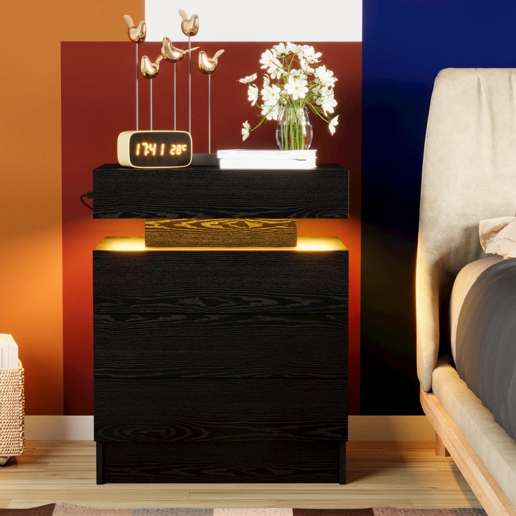Black 3 Drawer Nightstand with Charging Station Y46051