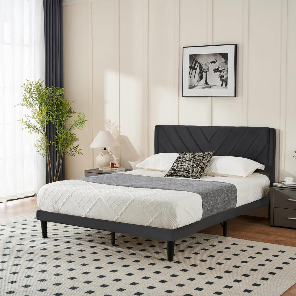 Queen Size Velvet Platform Bed Frame with Headboard Y650