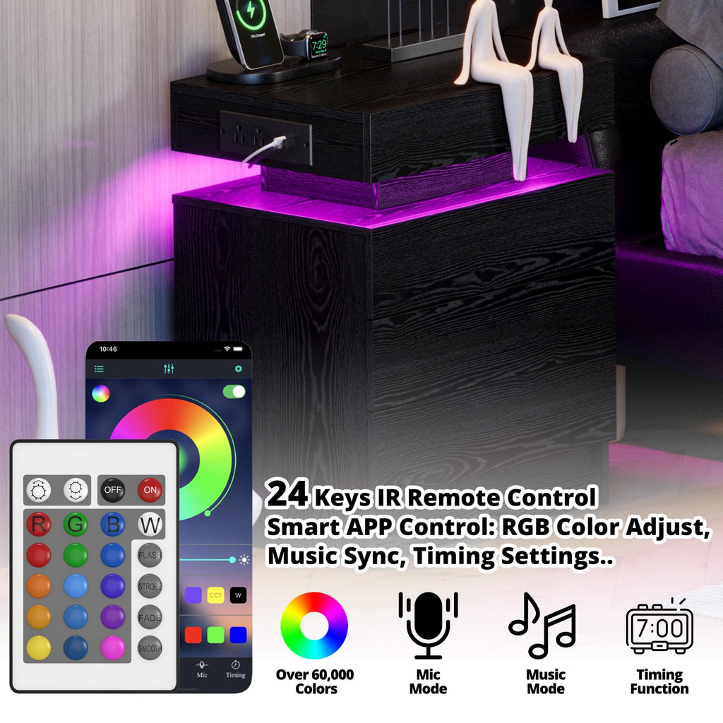 Black 3 Drawer Nightstand with Charging Station Y46051