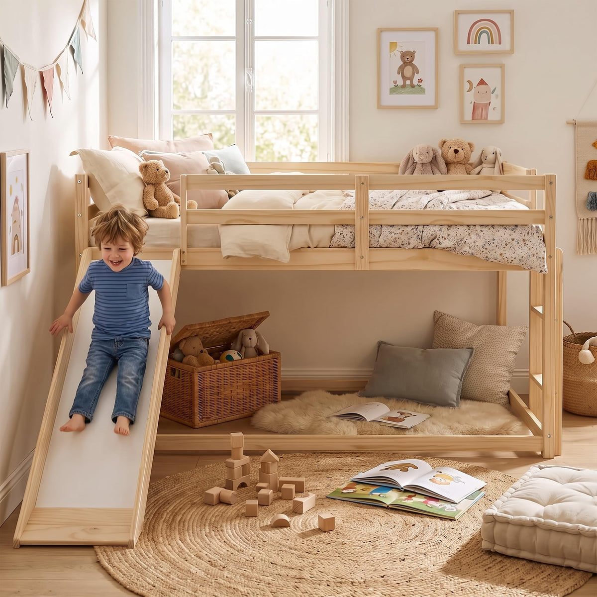 Twin Over Twin Solid Wood Bunk Bed with Slide and Ladder T96912