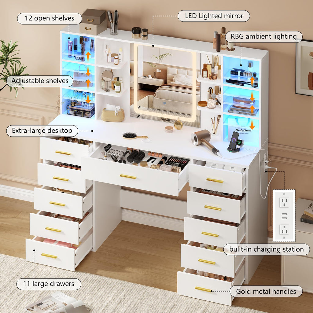 55" Extra-Wide White Makeup Vanity Desk with Lighted Mirror & 11 Drawers K523066