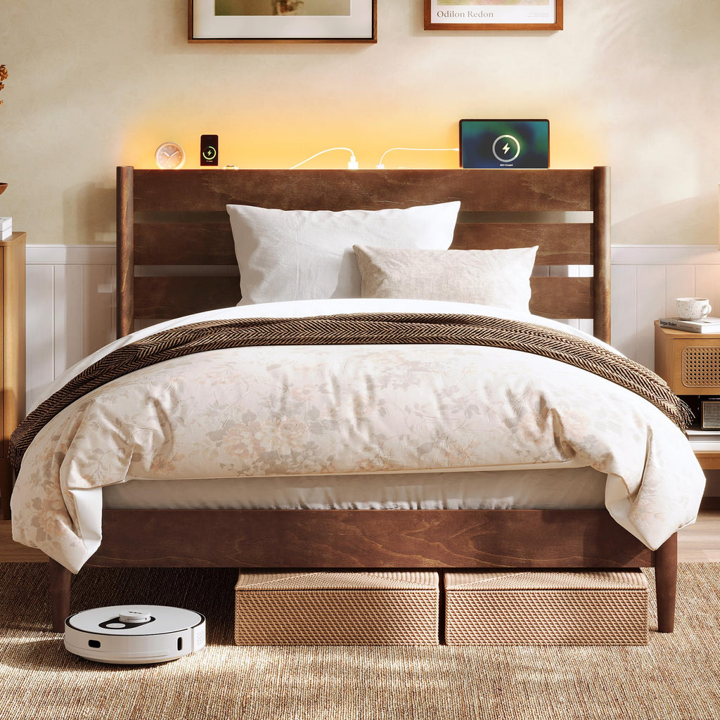 Full Wood Platform Bed with Headboard Storage Shelf B595