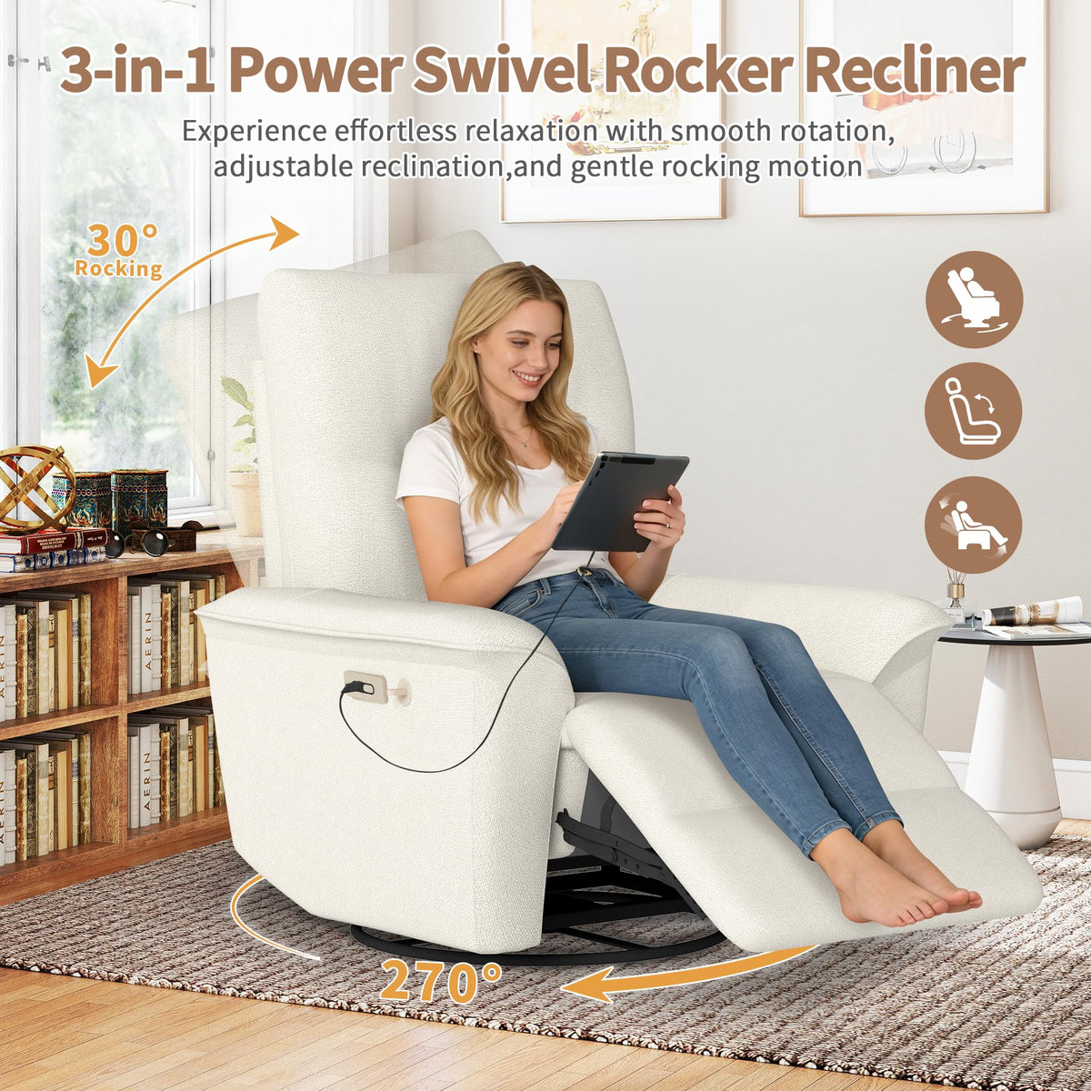 Power Swivel Rocker Recliner Chair with Phone Holder and USB Ports O884