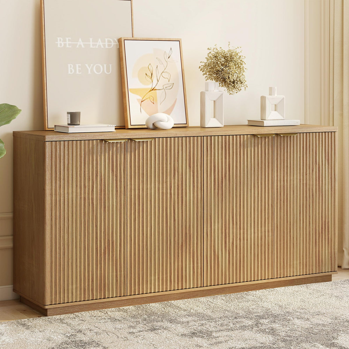 Natural Oak Fluted Wooden Sideboard Cabinet with 4 Doors V649