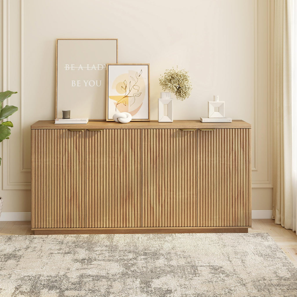 Natural Oak Fluted Wooden Sideboard Cabinet with 4 Doors V649