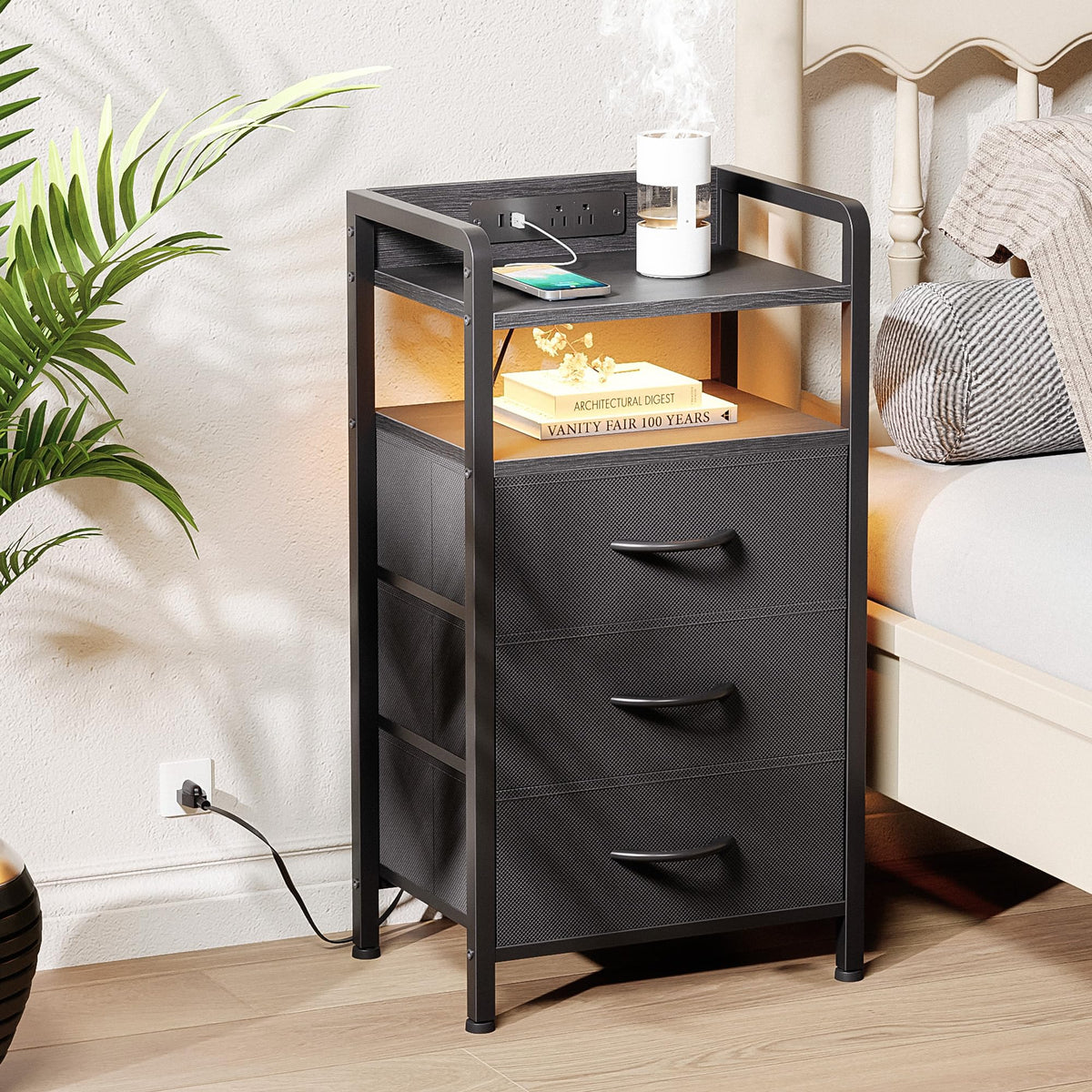 Black 3 Drawer Nightstand with Charging Station N34285