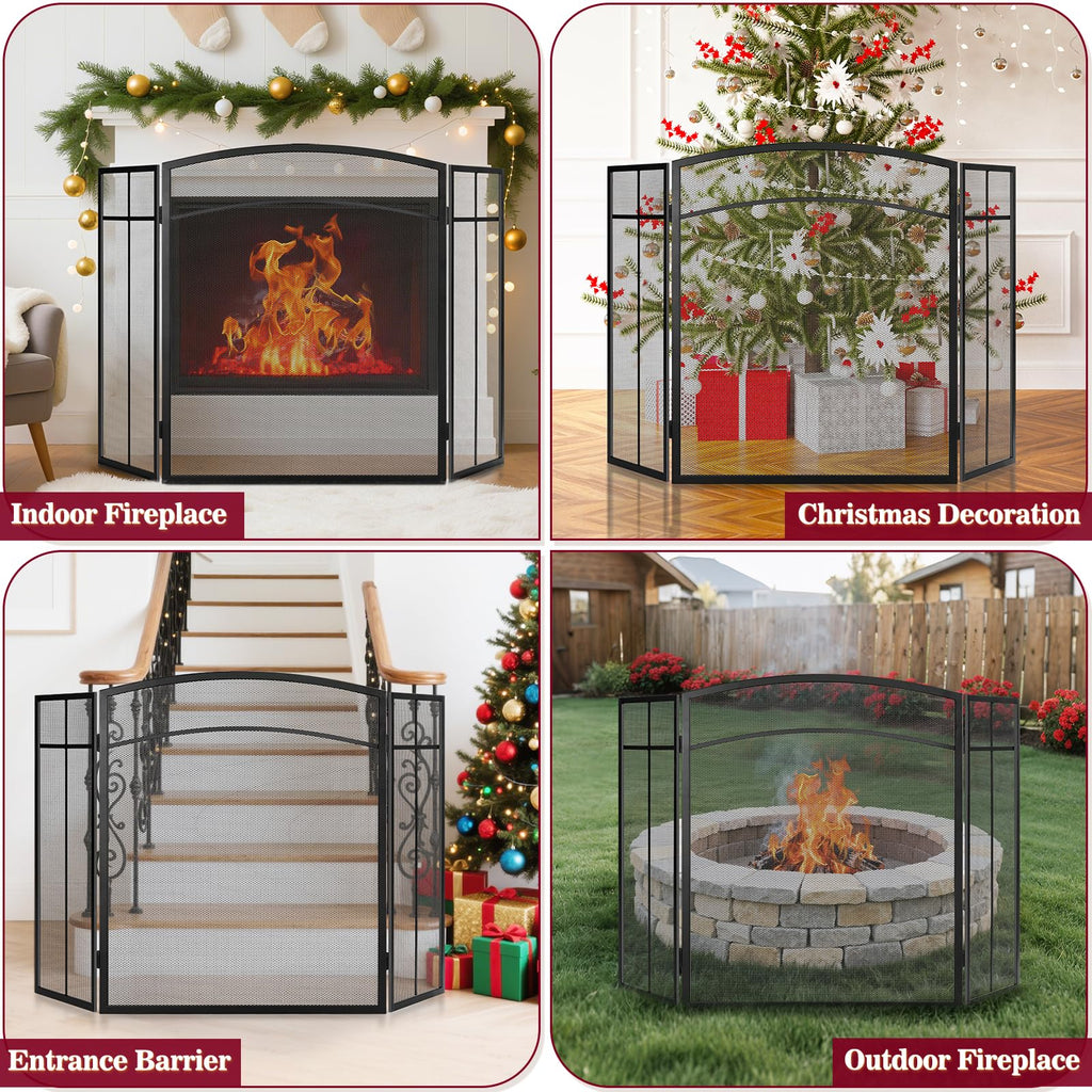 Black 3 Panel Steel Mesh Fireplace Screen T184