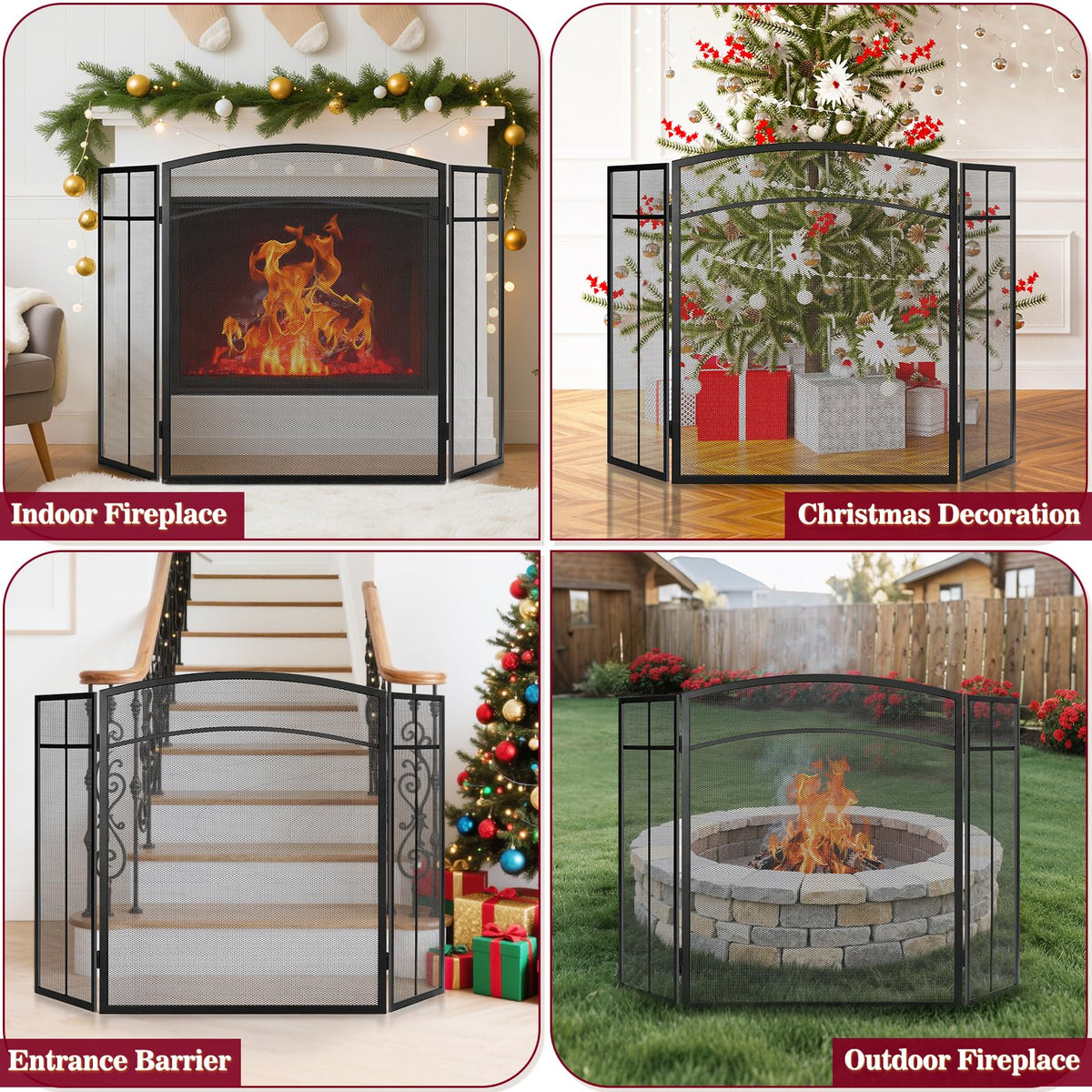 Black 3 Panel Steel Mesh Fireplace Screen T184